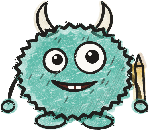 Bloop, the doodle-monster mascot, holding a pencil